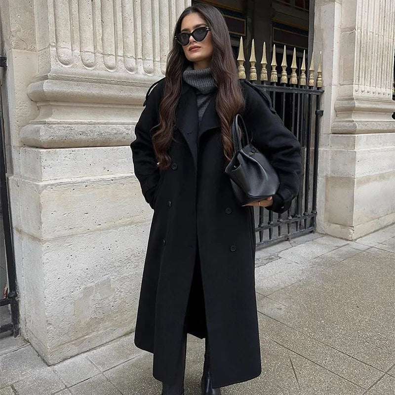 Suit Collar Long Woolen Coat With Belt Black French Luxury Cloak Wool Coats Women Winter Double-Sided Tweed Overcoat Outwear
