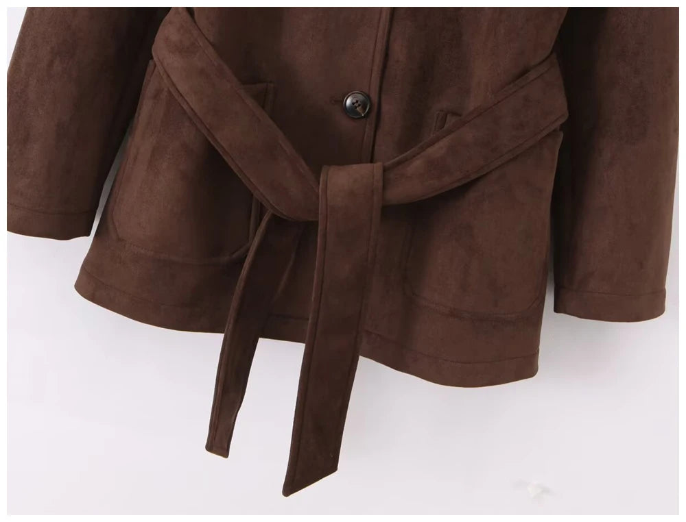 Womens Suede Look Blazer Jacket With Belted Waist And Single Button Casual And Commuter Fashion Jacket Woman Clothes Tops