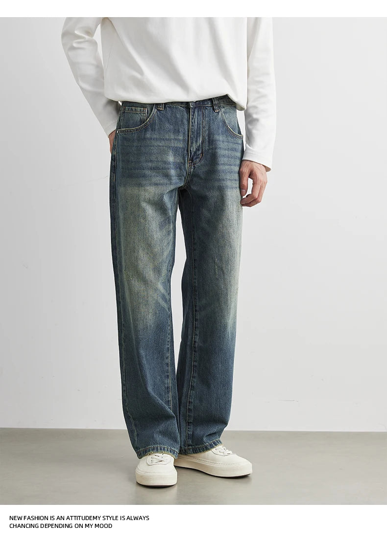 Male Classic America Hip Hop Rap Jeans Wide Leg Youth Popular Jeans Men Straight Leg Retro Loose Trousers Oversized Denim Pants