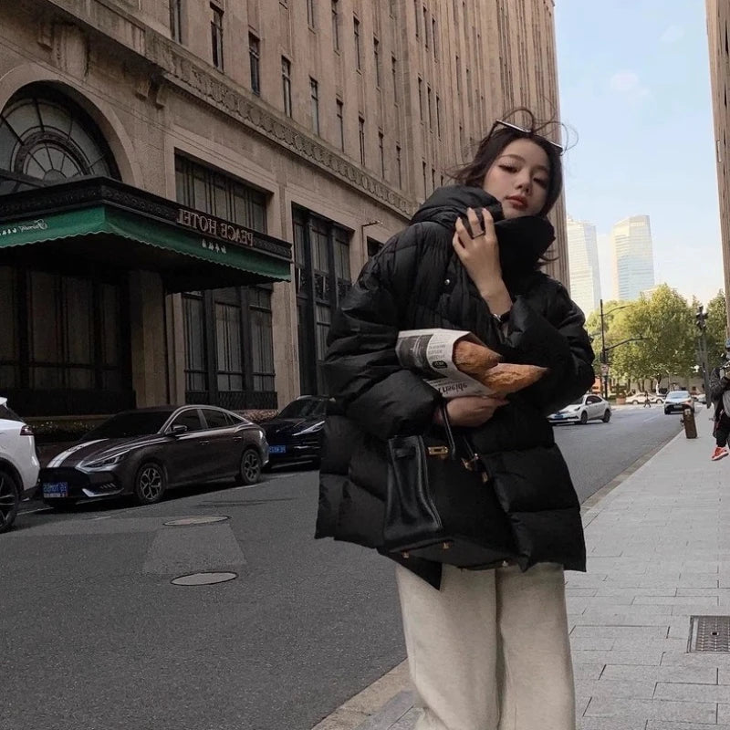 Mid-length Coats for Women, Loose Hooded Outerwear, Feather Coats, Casual and Simple, Korean Fashion, Winter, 2024