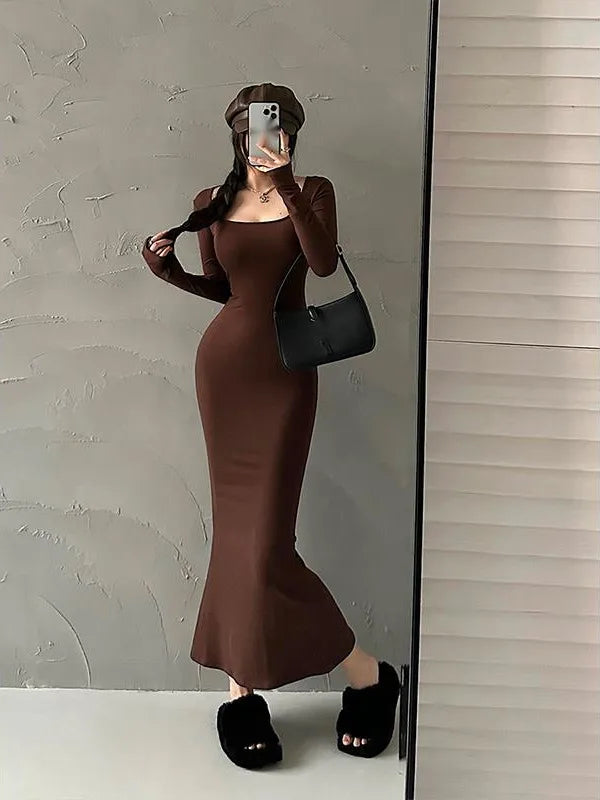 WOMENGAGA Sexy U Neck Square Collar Tight Slim Long Sleeve Fishtail Dress Long Maxi Dress Fashion Sweet Robe Women 7LN8