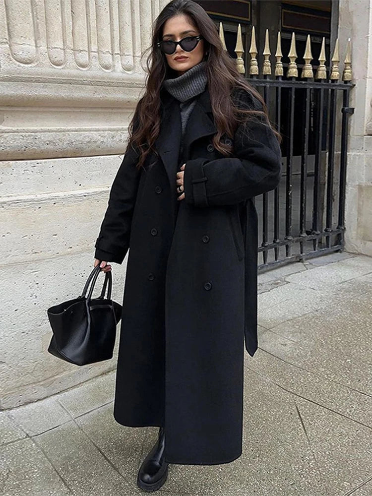 Suit Collar Long Woolen Coat With Belt Black French Luxury Cloak Wool Coats Women Winter Double-Sided Tweed Overcoat Outwear