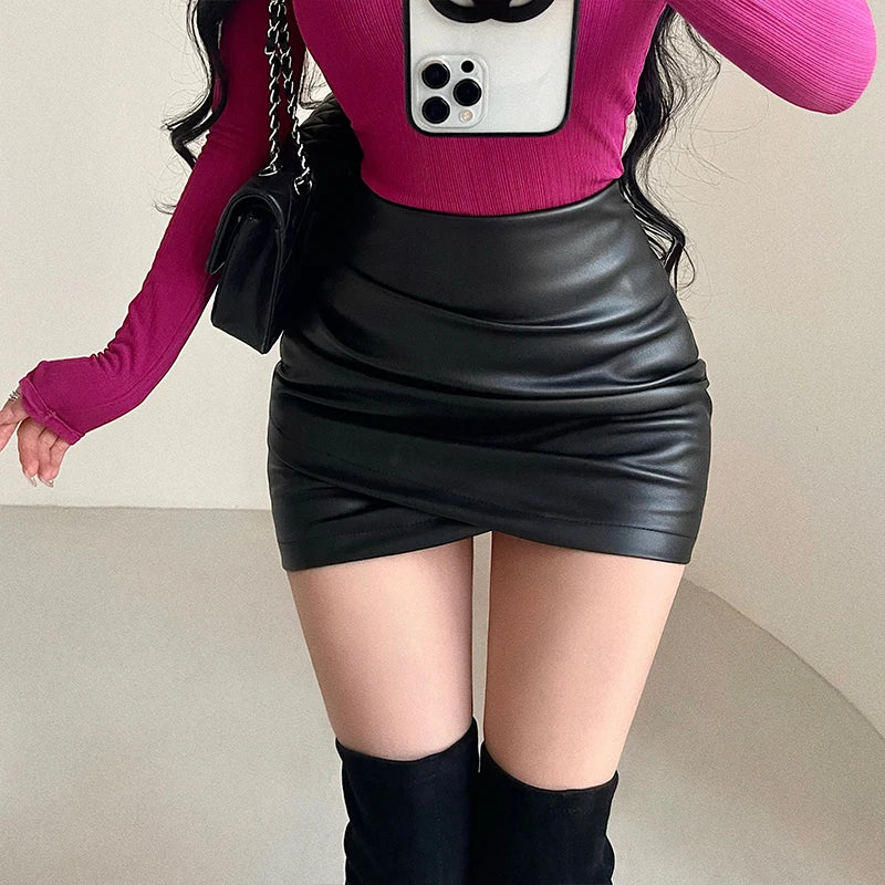 WOMENGAGA Spicy Girl Sexy High Waist Slim A-LINE Wrinkle Wrapped Hip PU Leather Skirt Short Skirt Sweet Korean Women 8EGA