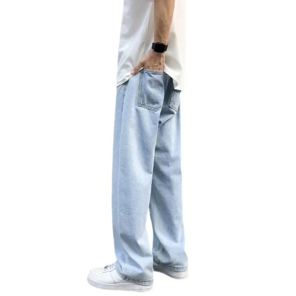 Elastic Waist Men's Casual Jeans Straight Leg Loose Fit Denim Trousers Wide Leg Basic Design Wide Leg Pants Men's Clothing
