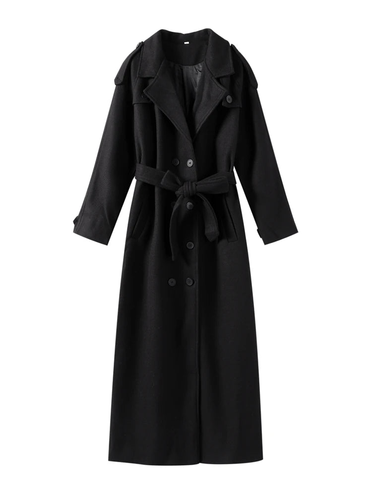 Suit Collar Long Woolen Coat With Belt Black French Luxury Cloak Wool Coats Women Winter Double-Sided Tweed Overcoat Outwear