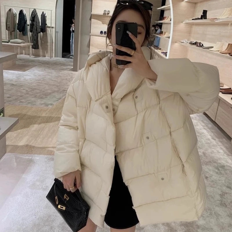 Mid-length Coats for Women, Loose Hooded Outerwear, Feather Coats, Casual and Simple, Korean Fashion, Winter, 2024