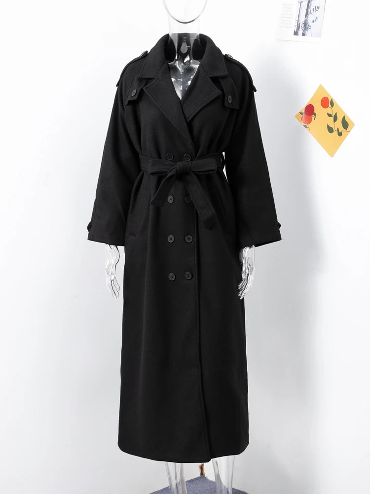 Suit Collar Long Woolen Coat With Belt Black French Luxury Cloak Wool Coats Women Winter Double-Sided Tweed Overcoat Outwear