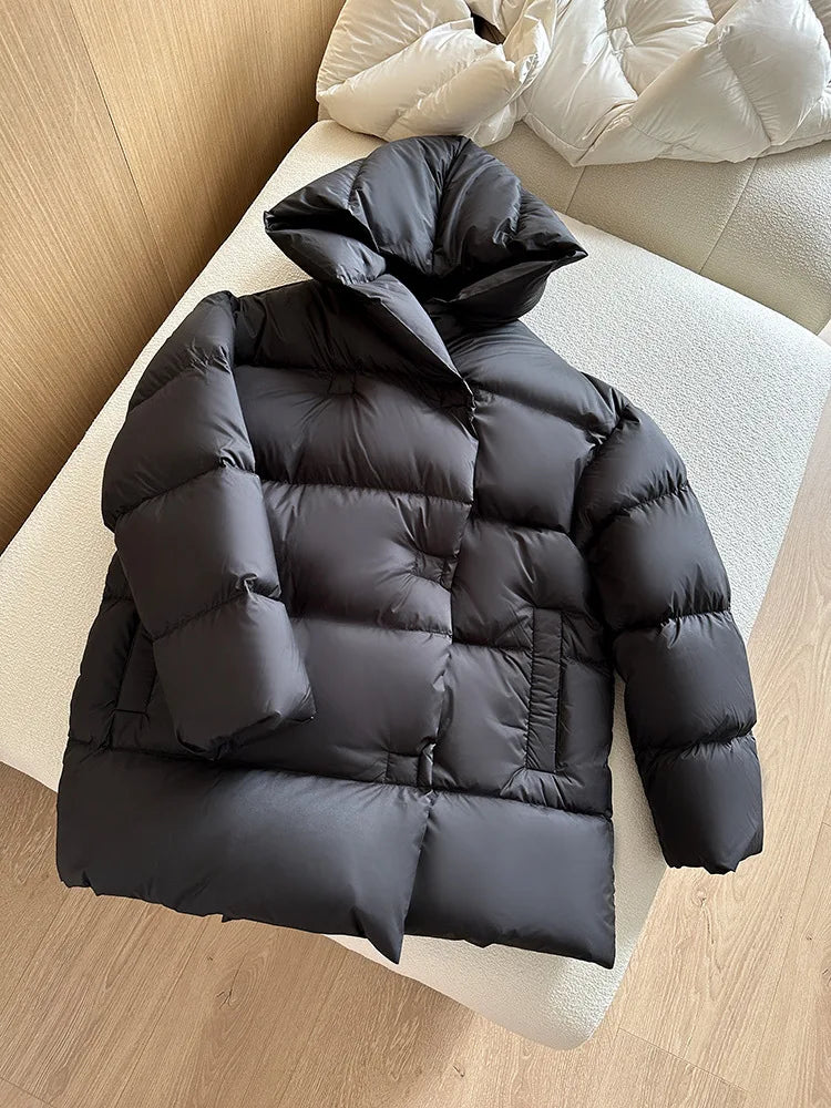 Mid-length Coats for Women, Loose Hooded Outerwear, Feather Coats, Casual and Simple, Korean Fashion, Winter, 2024