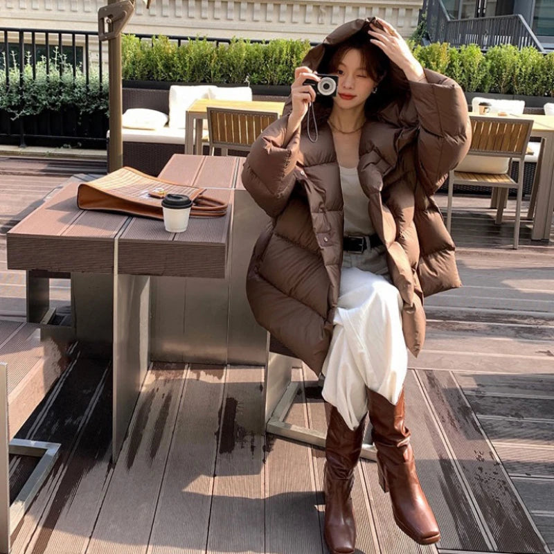 Mid-length Coats for Women, Loose Hooded Outerwear, Feather Coats, Casual and Simple, Korean Fashion, Winter, 2024