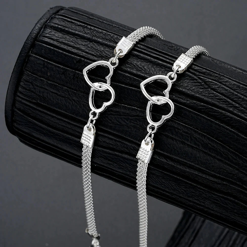 2 Pcs Set Love Heart Couple Bracelets for Women Men Silver Color Double Layer Matching Chain Bracelet Lover Jewelry Gift