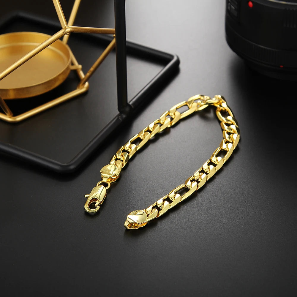 8 Inch Gold Bracelet 8MM Gold/Silver Color Full Side Figaro Chain Bracelet for Woman Man Fashion Wedding Jewelry Gift