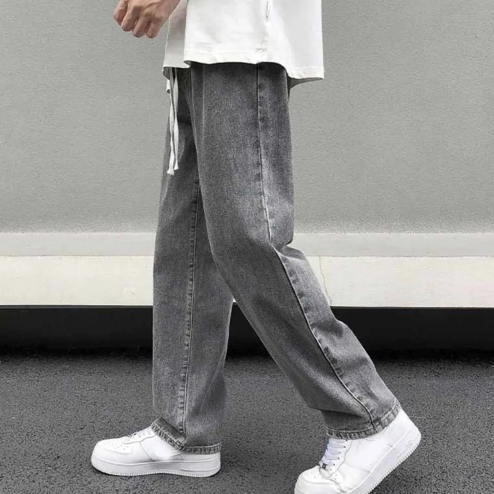 Elastic Waist Men's Casual Jeans Straight Leg Loose Fit Denim Trousers Wide Leg Basic Design Wide Leg Pants Men's Clothing