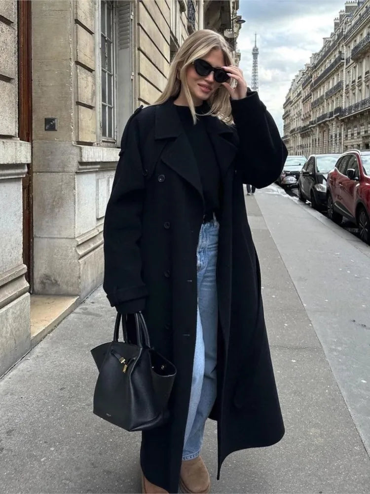 Suit Collar Long Woolen Coat With Belt Black French Luxury Cloak Wool Coats Women Winter Double-Sided Tweed Overcoat Outwear