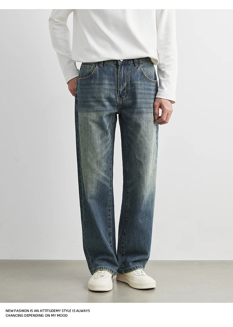 Male Classic America Hip Hop Rap Jeans Wide Leg Youth Popular Jeans Men Straight Leg Retro Loose Trousers Oversized Denim Pants