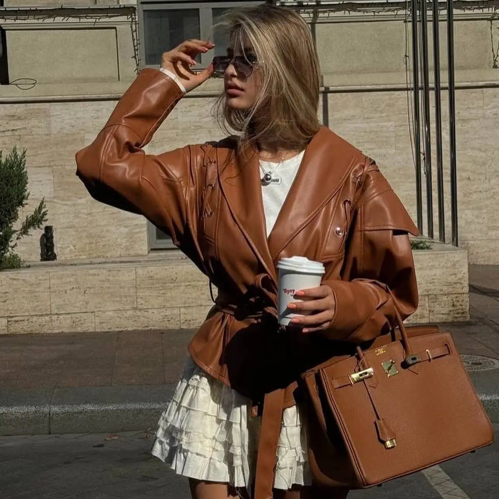 Beautiful Woman Retro New Versatile Motorcycle Jacket Leather Jacket