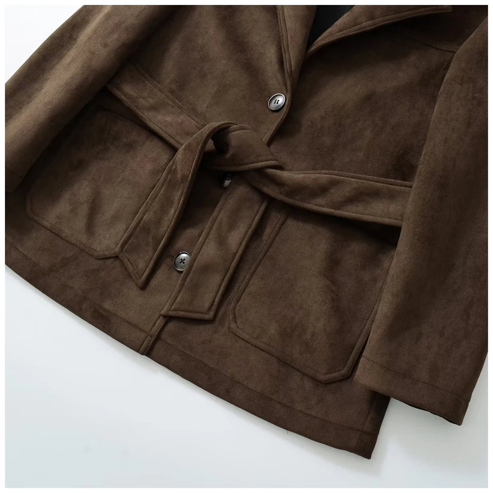 Womens Suede Look Blazer Jacket With Belted Waist And Single Button Casual And Commuter Fashion Jacket Woman Clothes Tops