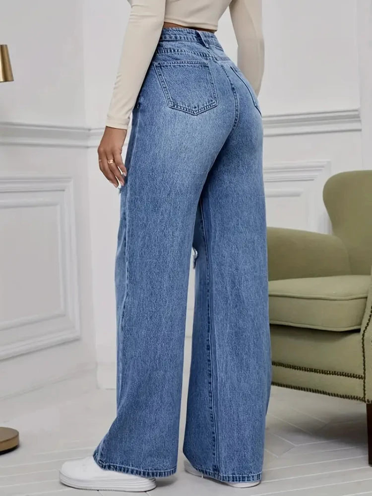 Women's Jeans Denim Pants Wide Leg Vintage Distressed Ripped Trousers 2026 Streetwear Washed Pockets Floor Length Hole Jeans