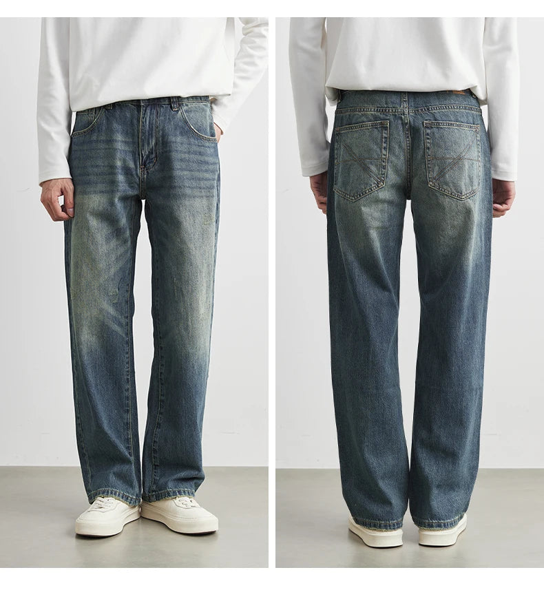 Male Classic America Hip Hop Rap Jeans Wide Leg Youth Popular Jeans Men Straight Leg Retro Loose Trousers Oversized Denim Pants