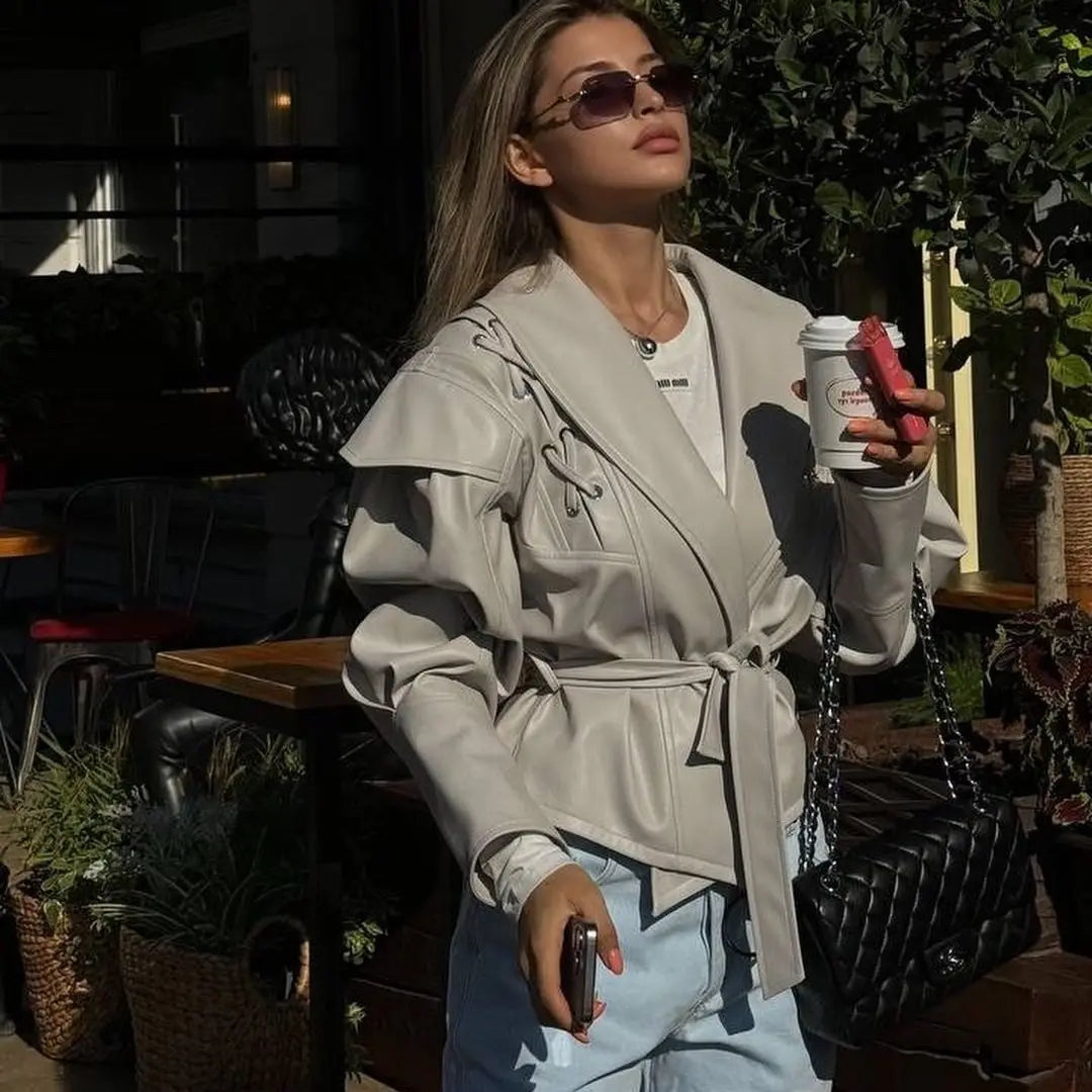 Beautiful Woman Retro New Versatile Motorcycle Jacket Leather Jacket