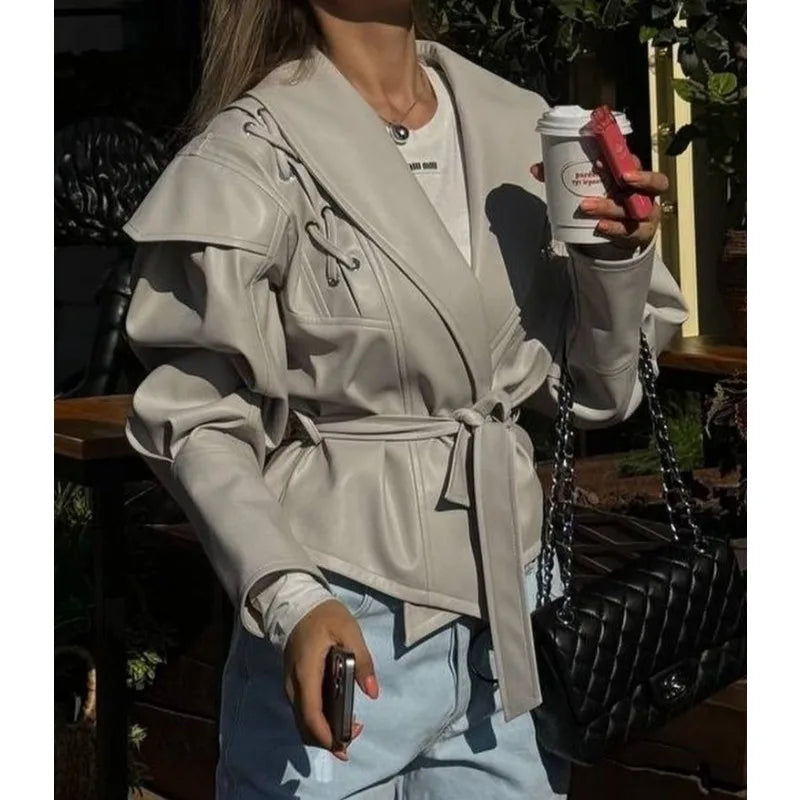 Beautiful Woman Retro New Versatile Motorcycle Jacket Leather Jacket