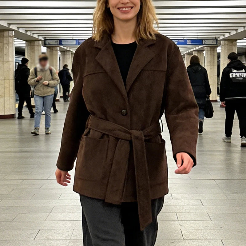 Womens Suede Look Blazer Jacket With Belted Waist And Single Button Casual And Commuter Fashion Jacket Woman Clothes Tops