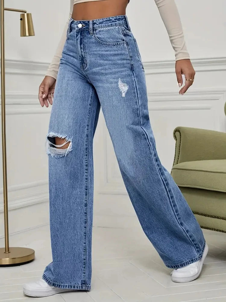 Women's Jeans Denim Pants Wide Leg Vintage Distressed Ripped Trousers 2026 Streetwear Washed Pockets Floor Length Hole Jeans