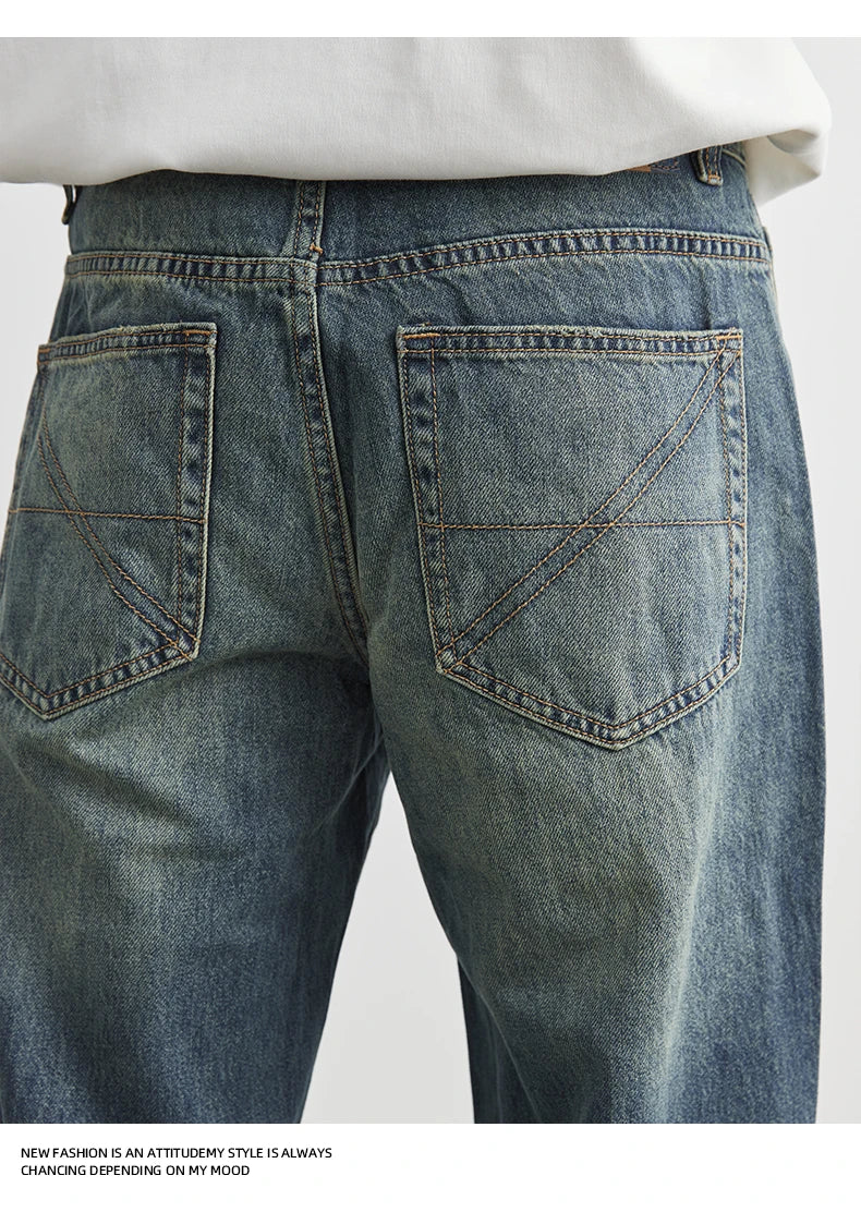 Male Classic America Hip Hop Rap Jeans Wide Leg Youth Popular Jeans Men Straight Leg Retro Loose Trousers Oversized Denim Pants