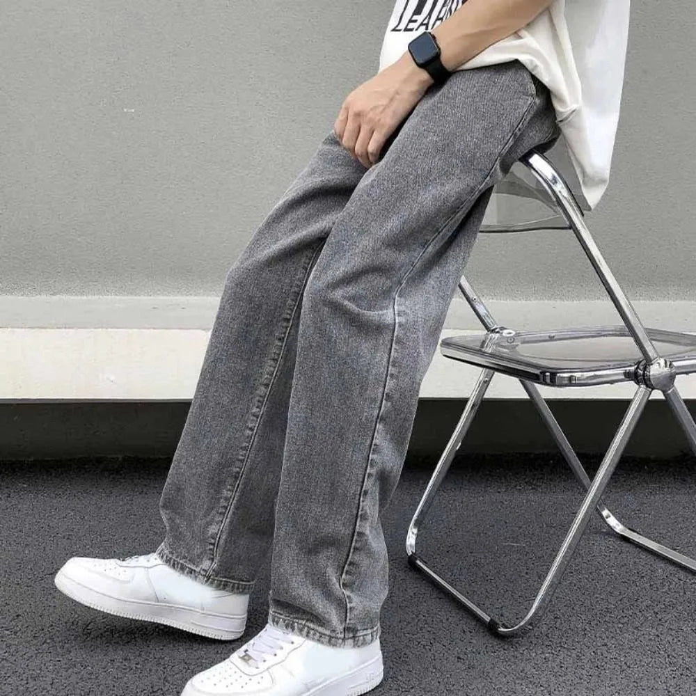 Elastic Waist Men's Casual Jeans Loose Fit Wide Leg Denim Trousers Straight Leg Basic Design Wide Leg Pants Street Fashion
