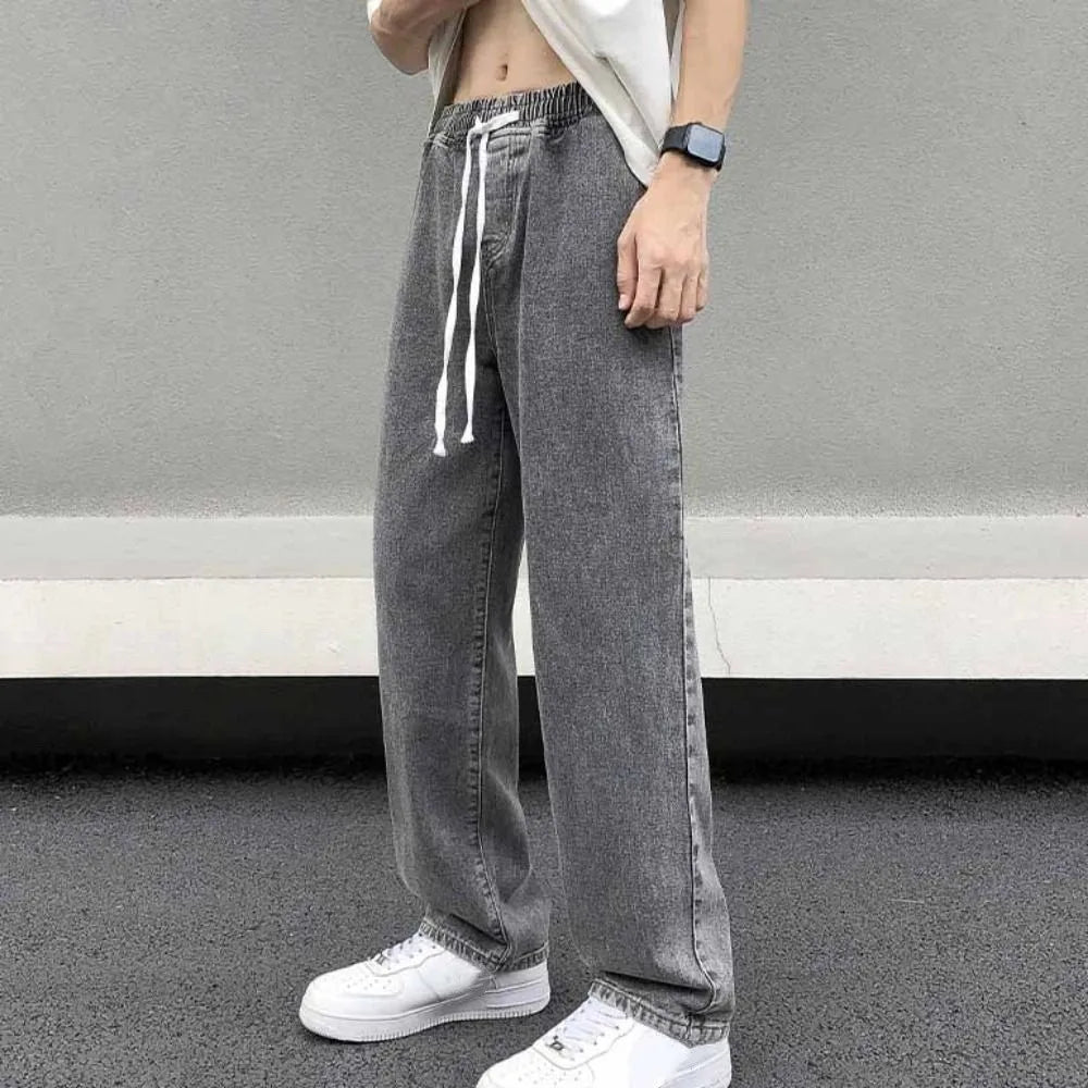 Elastic Waist Men's Casual Jeans Straight Leg Loose Fit Denim Trousers Wide Leg Basic Design Wide Leg Pants Men's Clothing