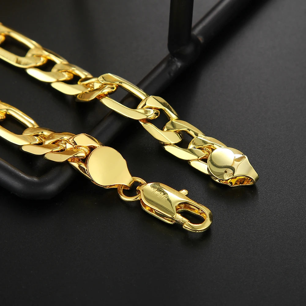 8 Inch Gold Bracelet 8MM Gold/Silver Color Full Side Figaro Chain Bracelet for Woman Man Fashion Wedding Jewelry Gift
