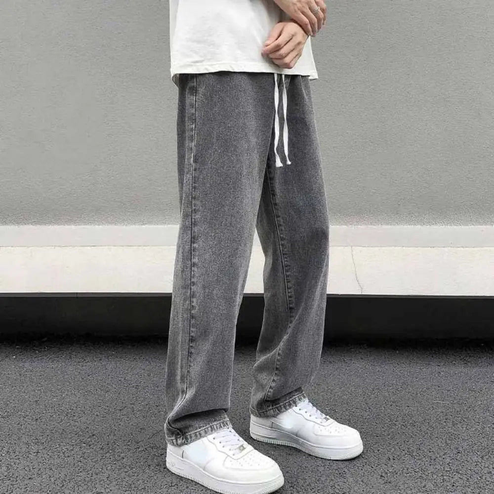 Elastic Waist Men's Casual Jeans Loose Fit Wide Leg Denim Trousers Straight Leg Basic Design Wide Leg Pants Street Fashion