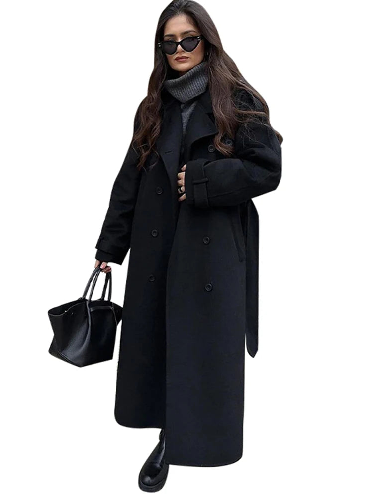 Suit Collar Long Woolen Coat With Belt Black French Luxury Cloak Wool Coats Women Winter Double-Sided Tweed Overcoat Outwear