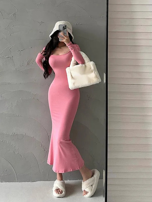 WOMENGAGA Sexy U Neck Square Collar Tight Slim Long Sleeve Fishtail Dress Long Maxi Dress Fashion Sweet Robe Women 7LN8