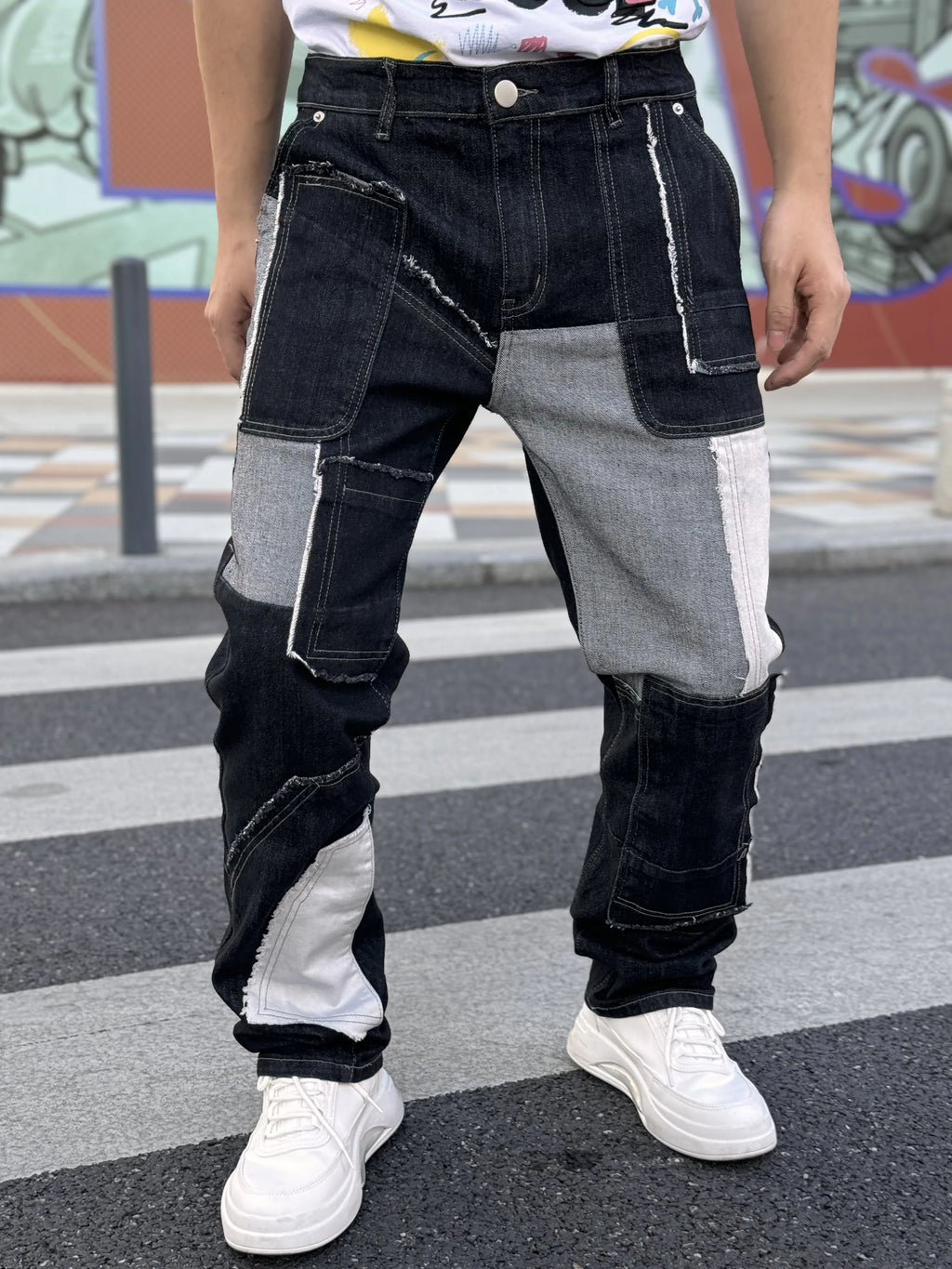 Fashionable Men's Wide Leg Jeans With Waist Cinching Trendy Black And White Checkered Patchwork Style Free Shipping On Promotion