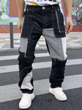 Fashionable Men's Wide Leg Jeans With Waist Cinching Trendy Black And White Checkered Patchwork Style Free Shipping On Promotion