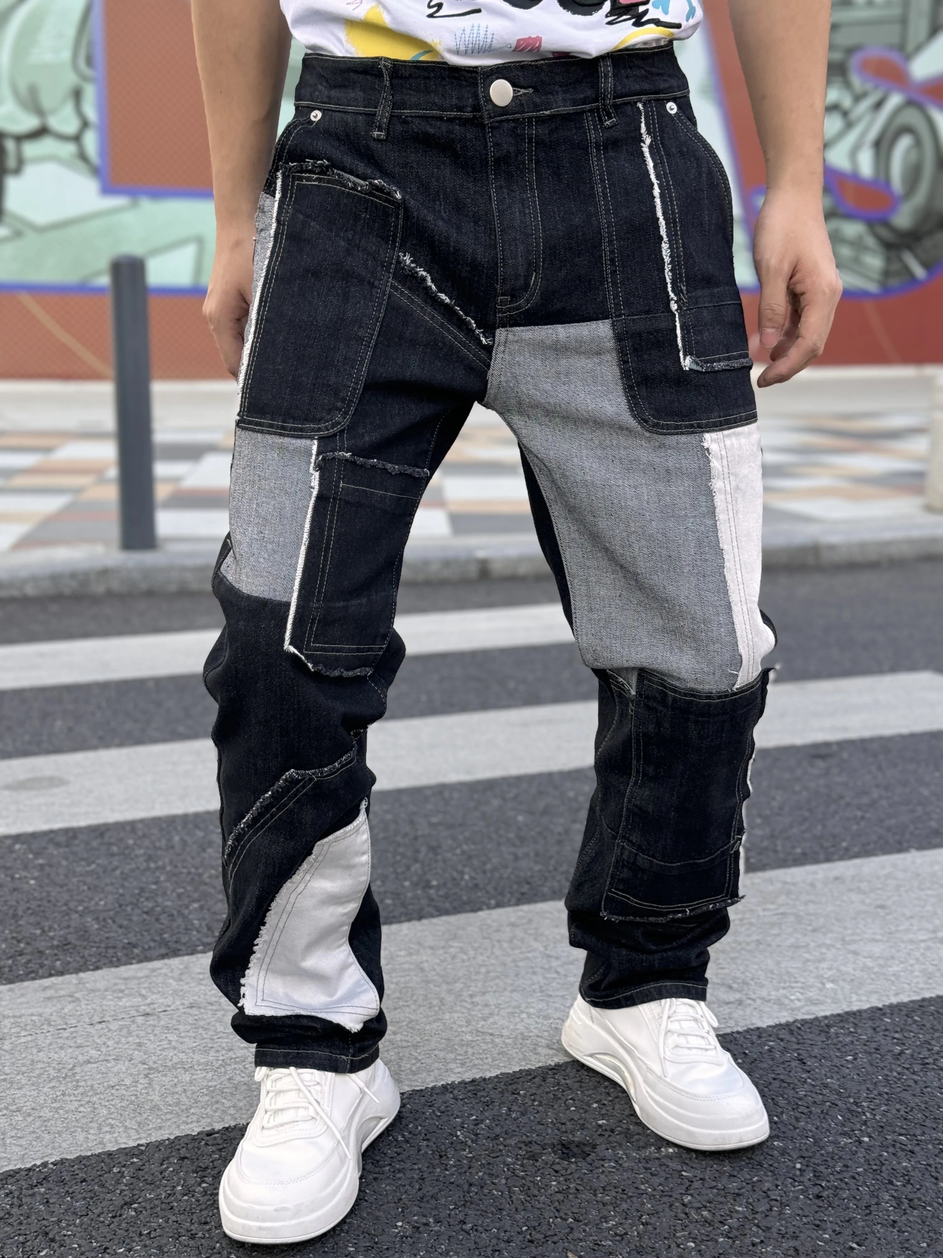Fashionable Men's Wide Leg Jeans With Waist Cinching Trendy Black And White Checkered Patchwork Style Free Shipping On Promotion