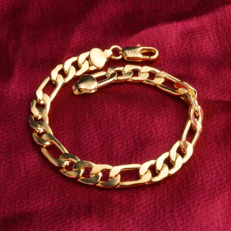 8 Inch Gold Bracelet 8MM Gold/Silver Color Full Side Figaro Chain Bracelet for Woman Man Fashion Wedding Jewelry Gift