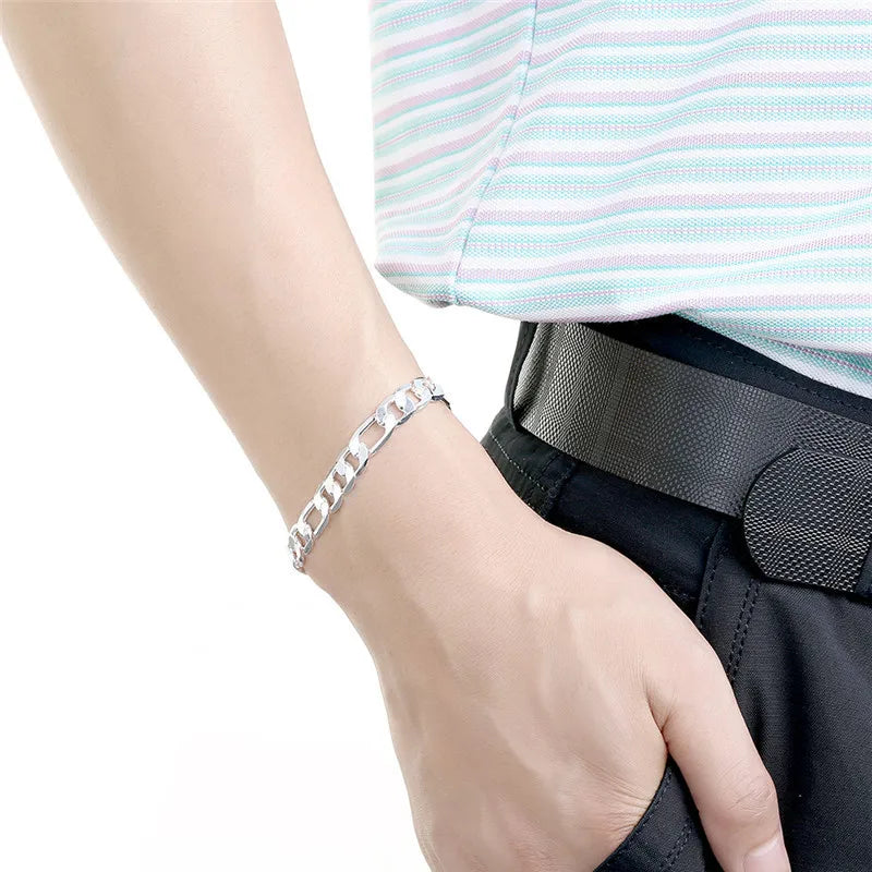 8 Inch Gold Bracelet 8MM Gold/Silver Color Full Side Figaro Chain Bracelet for Woman Man Fashion Wedding Jewelry Gift