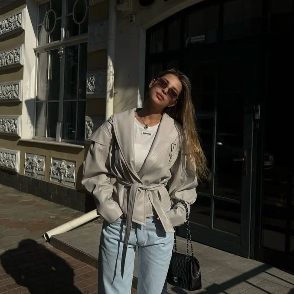 Beautiful Woman Retro New Versatile Motorcycle Jacket Leather Jacket