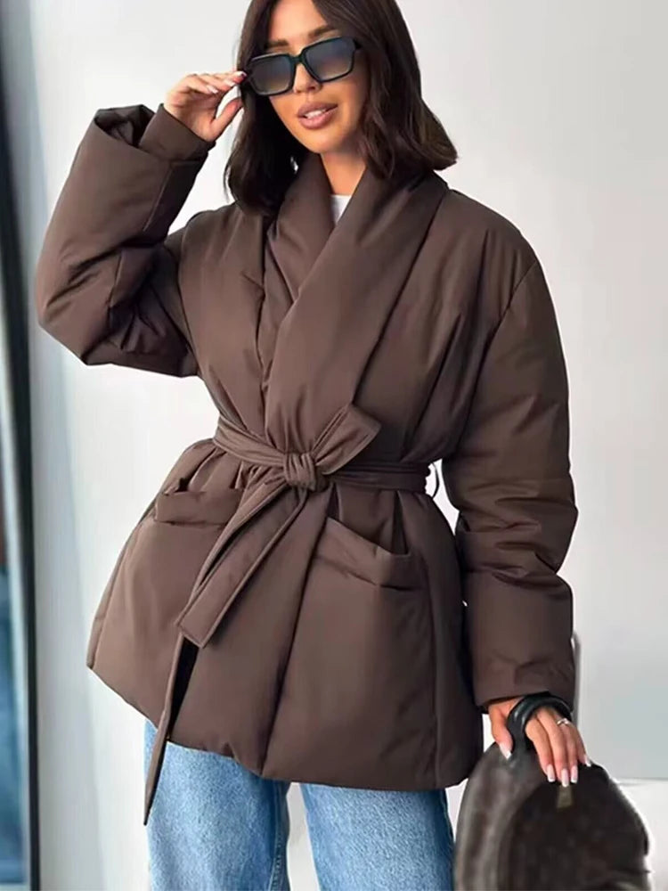 2026 New Year Parker Coats For Women New Chic Long Sleeves With Belt Jackets Women Elegant Waterproof Warmth Leisure Black Coats