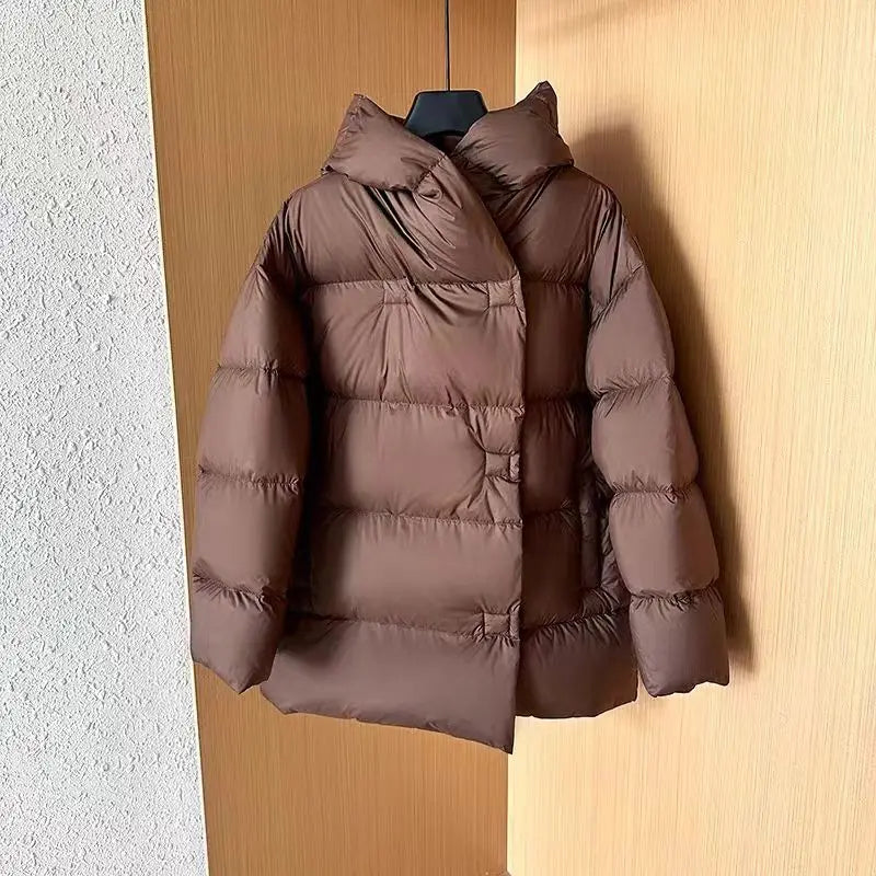 Mid-length Coats for Women, Loose Hooded Outerwear, Feather Coats, Casual and Simple, Korean Fashion, Winter, 2024