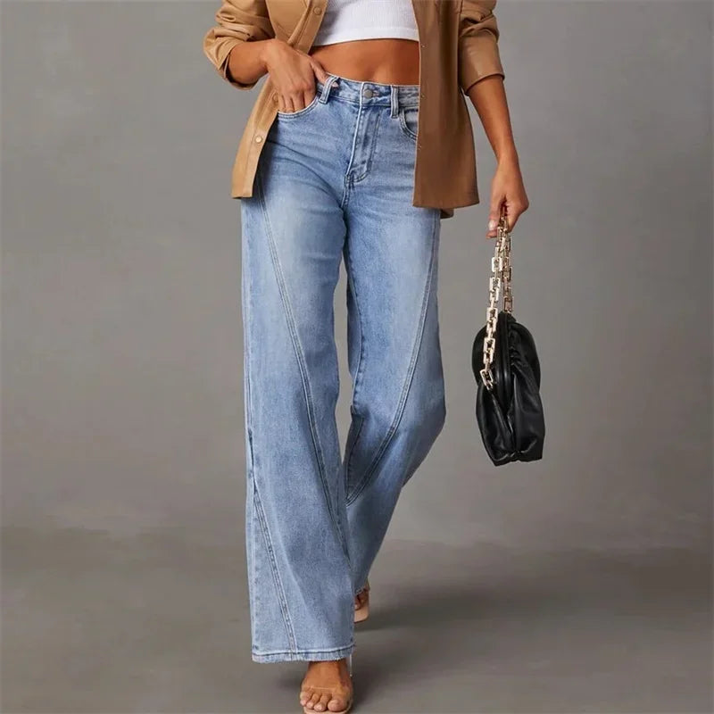 New Fashion Patchwork Wide Leg Jeans Women Mid Waist Loose Micro Flared Denim Pants Female Commuter Trousers Casual Streetwear